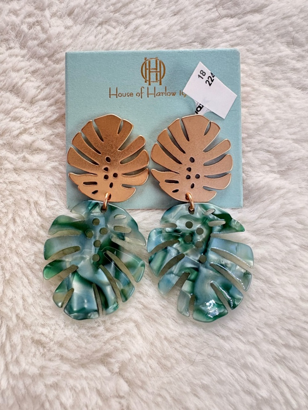 House of Harlow Palm Leaf Drop Earrings - Green & Gold NWT